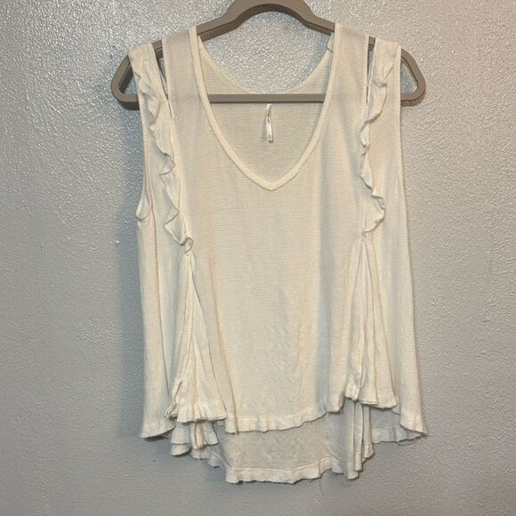 Free People Tops - Free People Bondi Ruffle Tank White V Neck Boho Cottagecore Flowy Waffle Knit XS